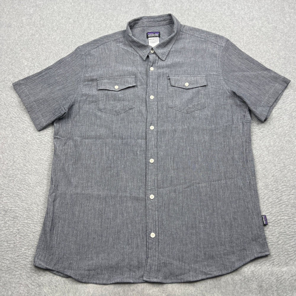 Patagonia A/C Steersman Shirt Mens XL Chambray Blue Short Sleeve Organic Button